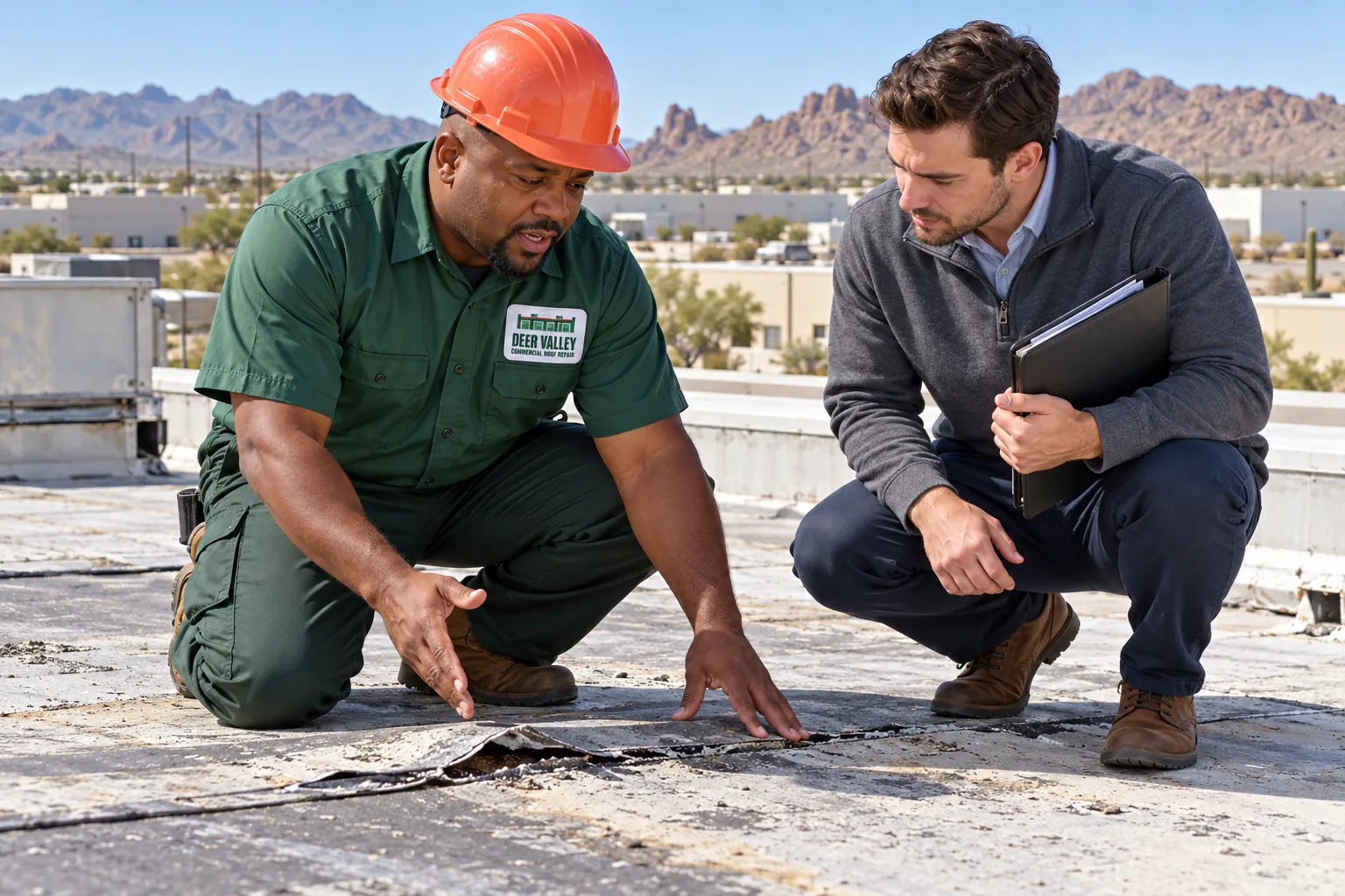 Roofer pointing at a lifted lap seam on an aged flat roof while a property manager looks on