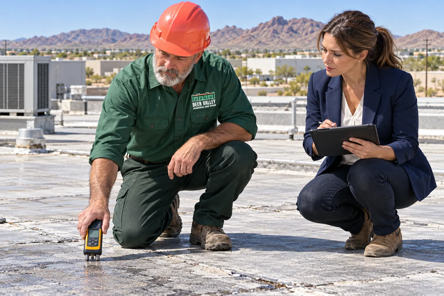 Roofer pressing a moisture meter into a flat roof while a facility manager takes notes