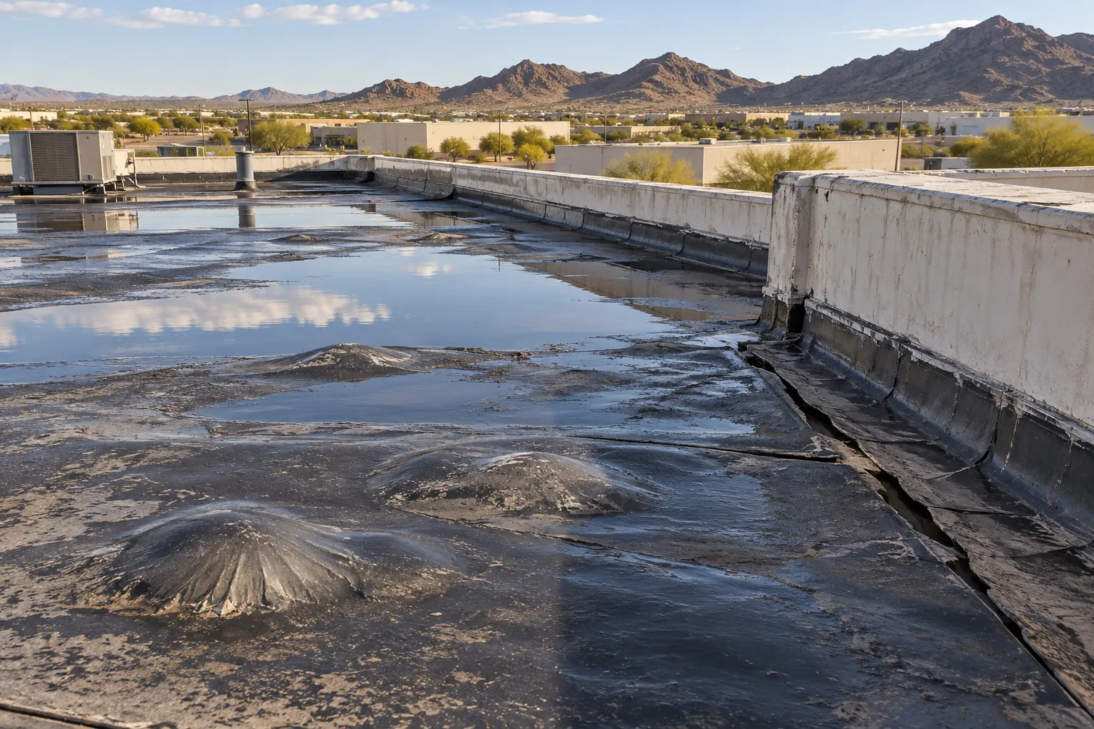 Ponding water, membrane blisters, and split base flashing along a parapet on a flat roof