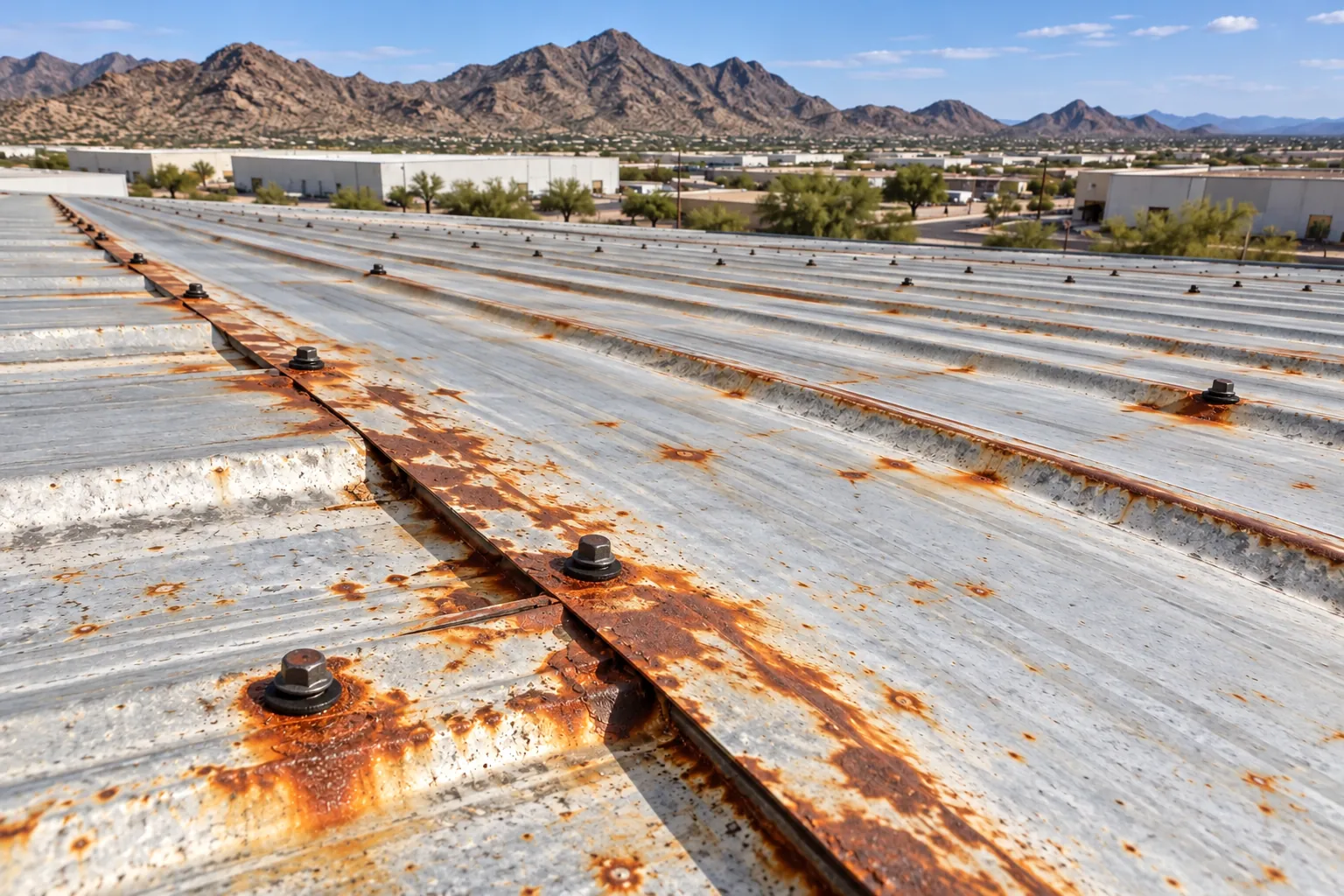 Rust bloom and corroded screw heads along an exposed-fastener metal panel lap