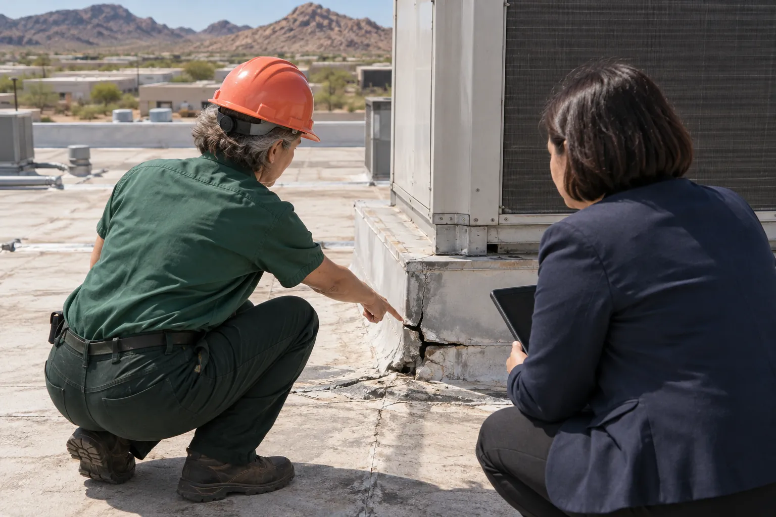 Roofer pointing at cracked flashing at the base of a rooftop unit curb