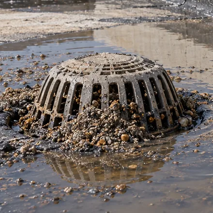 Close view of a roof drain strainer packed with gravel and dust